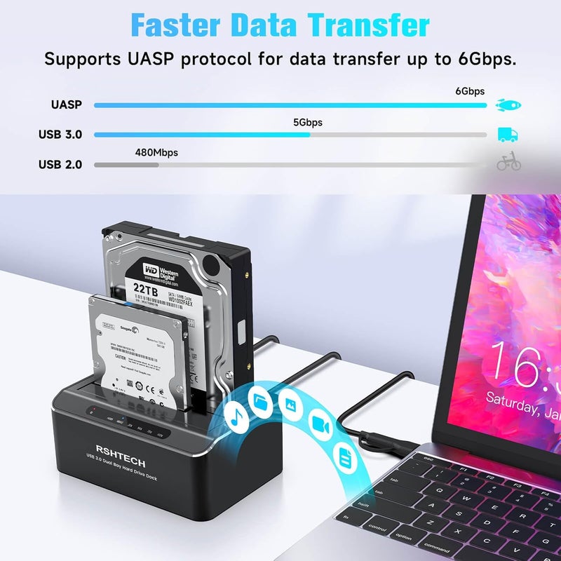 Rshtech Hard Drive Docking Station Aluminum USB-C/USB 3.0 to SATA Dual Bay Hard Drive Dock for 2.5 or 3.5 inch HDD SSD, with 2-in-1 USB Cable, Support Offline Clone, UASP and 2x22TB, RSH-DS01C - Image 4
